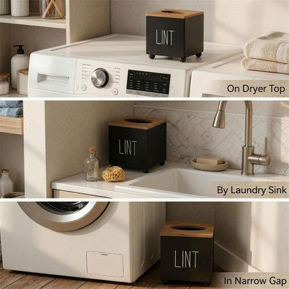 CHONIC Lint Bin for Laundry Room, Farmhouse Lint Box, Wooden Lint Holder with Lid, Lint Container for Laundry Room Decor, Dryer Lint Trash Can for Laundry Accessory Organization(Black)