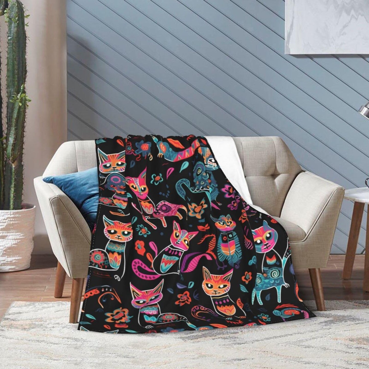 Ouqiuwa Dead Cats Floral Throw Blanket Sugar Skull Flowers Plush Microfiber Flannel Fleece Blanket 50"x40" for Bed Sofa Couch Camping Travel