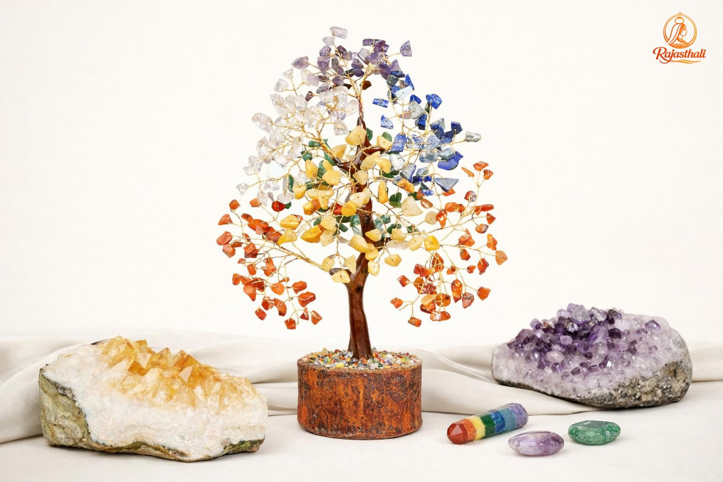 Rajasthali 7 Chakra Crystal Tree for Home Decor | Handcrafted Gemstone Bonsai Tree for Positive Energy, Vastu & Gifting | Wooden Base (Multi Seven Chakra)