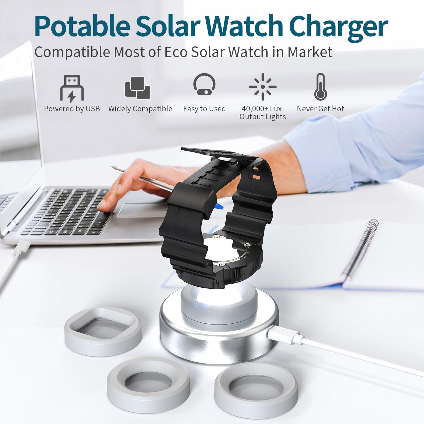 ECEEN Solar Watch Fast Charger, Led Light Charging Solar Watches with Men, Women & Square 3 Size Caps Compatible Casio G Shock, Tough, Protrek, Seiko, Citizen, Garmin, Timex, Bering, FANMIS