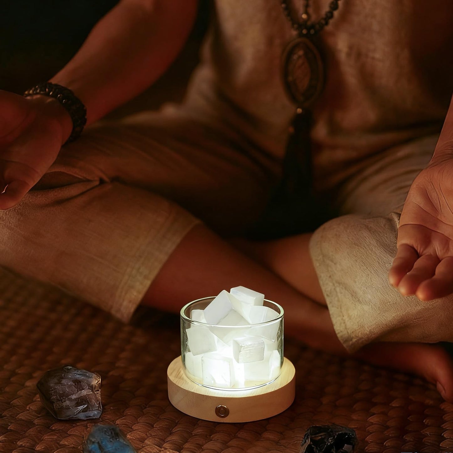 Lamptobe Selenite Crystal Lamp with Wooden Base Selenite Crystals Gift for Women Healing Birthday Meditation Yoga Spiritual Chakra Reiki Energy Cleansing Night Light Home Office Decor