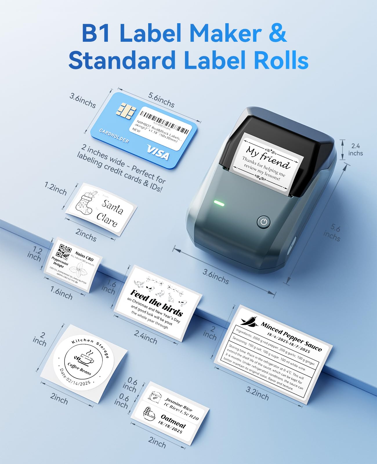 NIIMBOT B1 Label Maker Machine, 2 Inch Bluetooth Thermal Label Printer, Easy to Use Sticker Printer Compatible with iOS and Android, with 1 Roll Waterproof Labels for Retail, Office, Home (Blue)