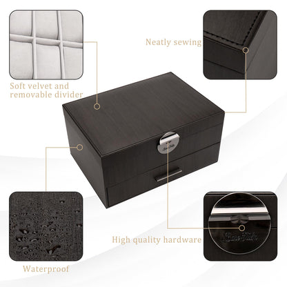 BareTulip Jewelry Box for Men 2-Layer Valet Organizer with 2 Drawers Watch Ring Necklace Cufflink Storage Case Glass Lid Premium PU Leather Mens Accessories Box Gift for Husband Boyfriend Dad Black