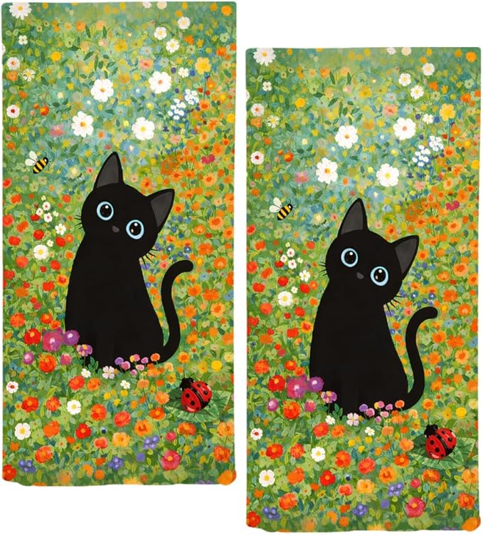 Watercolor Floral Hand Towels for Bathroom, 2 Packs Black Cat Kitchen Towels