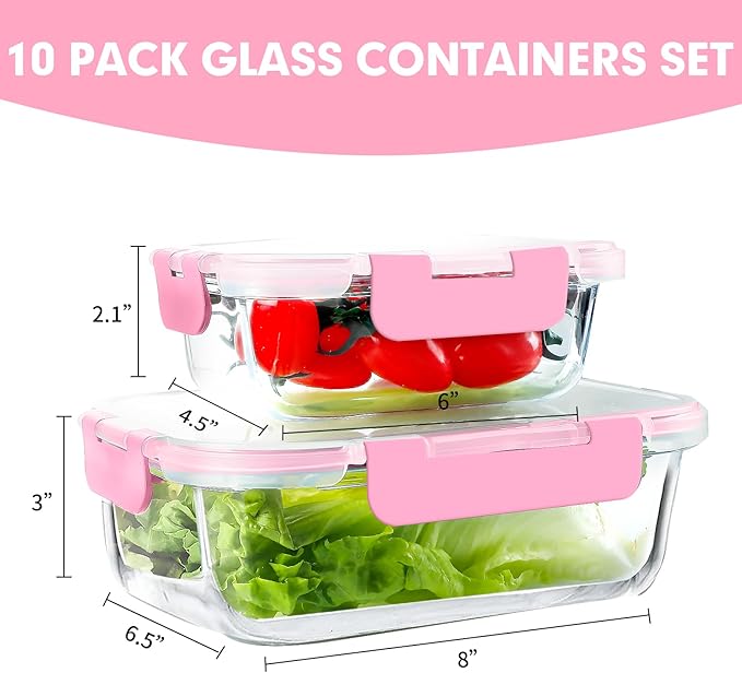 VERONES 10Pack Glass Meal Prep Containers, Airtight Glass Lunch Containers