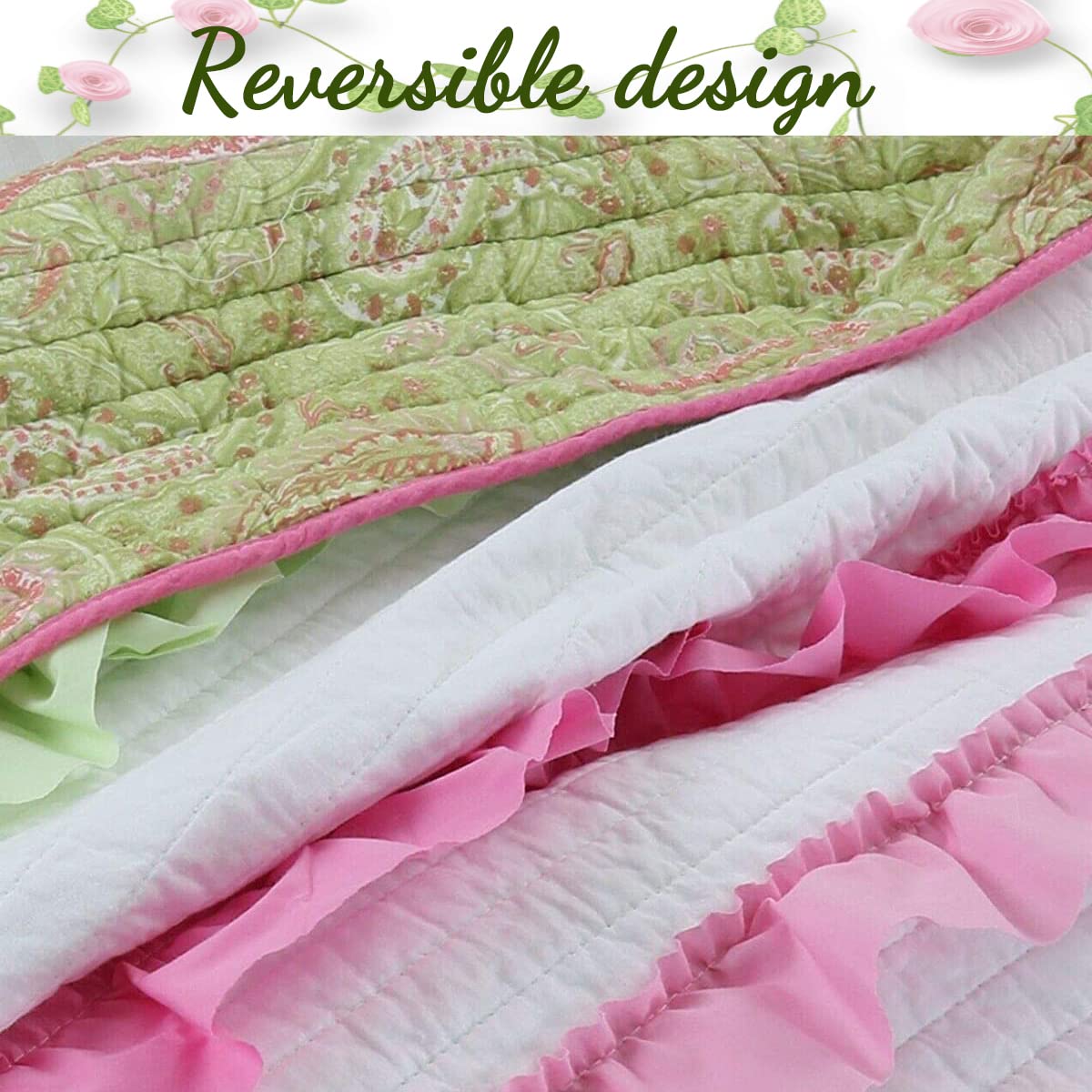 Cozy Line Home Fashions Pink Green Chic Ruffles Girl 100% Cotton Reversible Quilt Bedding Set, Coverlet, Bedspreads (Twin - 2 Piece: 1 Quilt + 1 Sham)