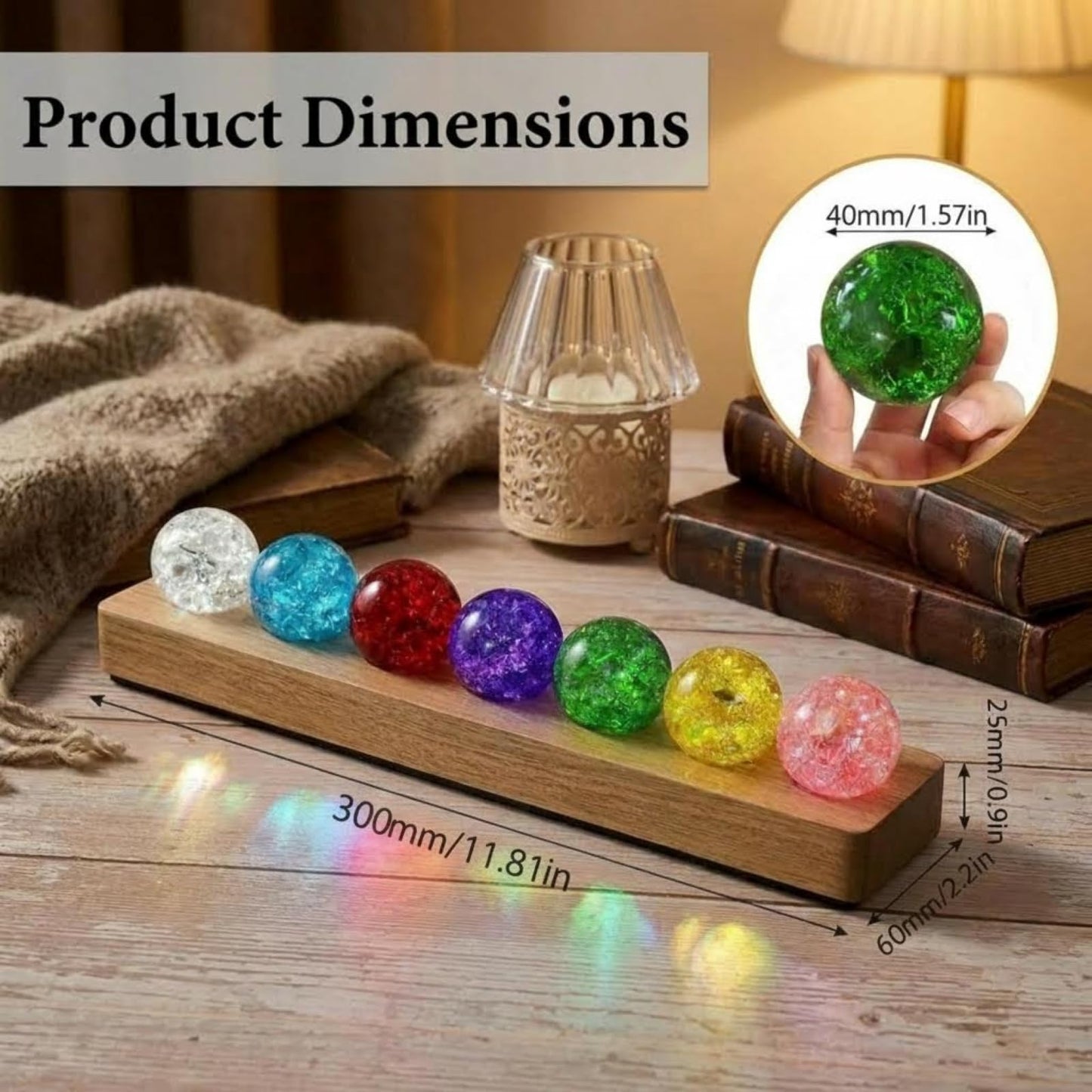 JINWU ClearPeak 7 Colors 40mm Ice Cracked Crystal Balls, Chakra Healing Sphere with LED Wooden Base, Glass Night Light for Home Living Room Meditation, Valentines Day (Set 7-Rainbow)