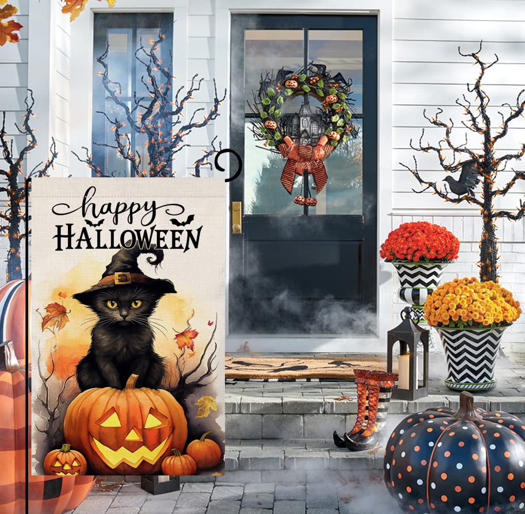 BLKWHT Halloween Cat Garden Flag 12x18 Vertical Double Sided Happy Halloween Pumpkin Holiday Outside Decorations Burlap Yard Flag BW479