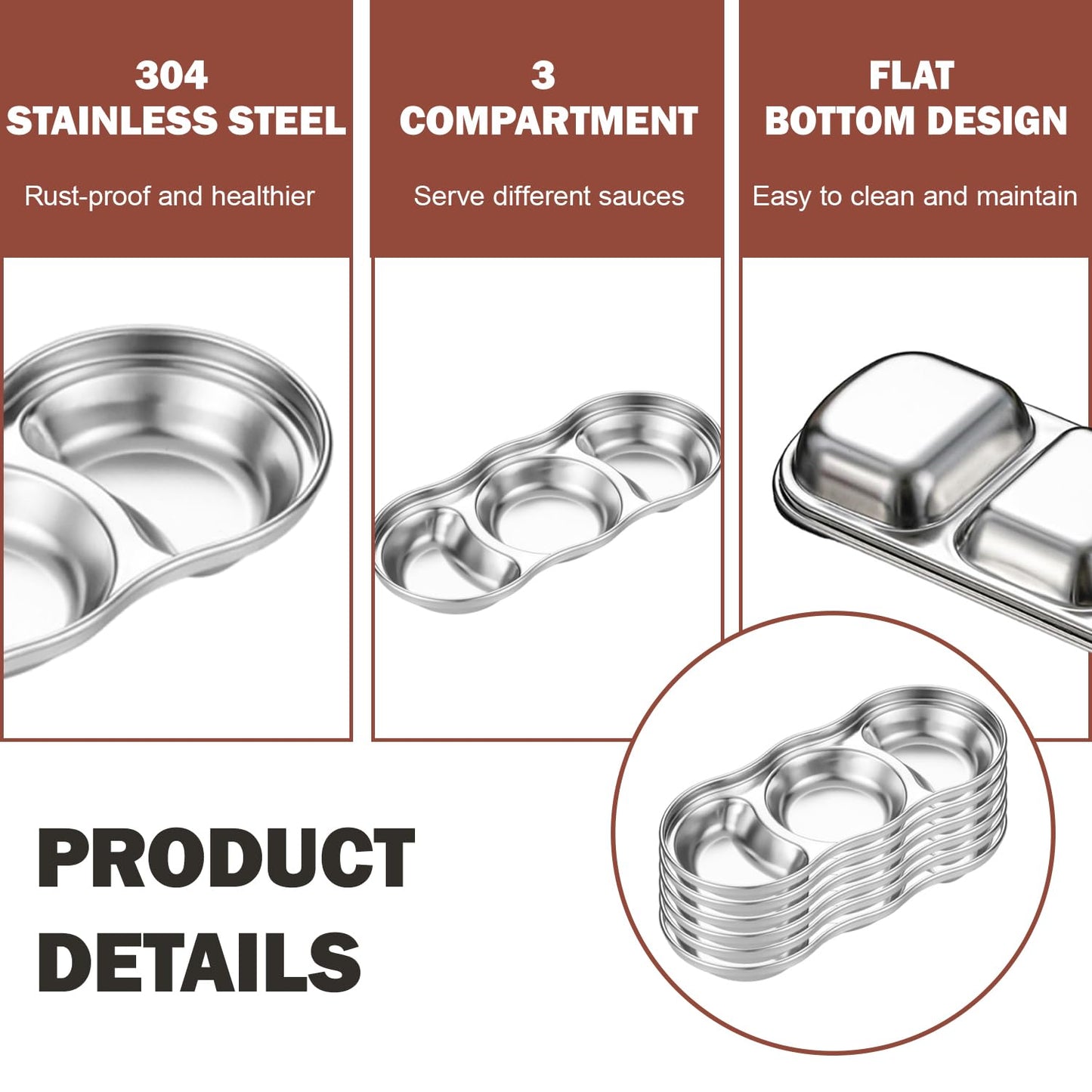 Zynexa 6 Pcs Soy Sauce Dish Stainless Steel 3 Compartment Korean Sauce Plate Condiment Tray Banchan Dishes for BBQ Vinegar Spice Salt Sugar Home Restaurant (Silver (Type 2))