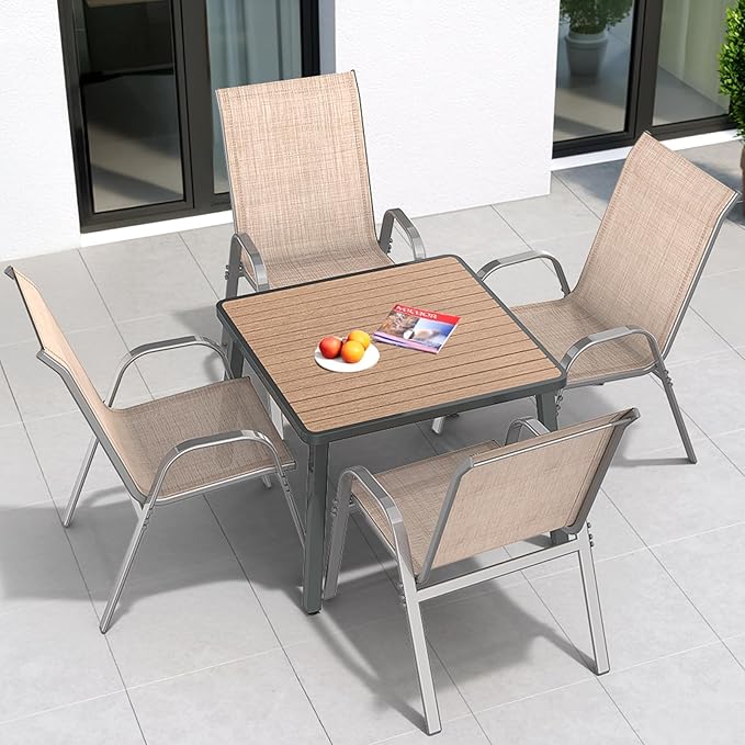Patio Chairs Sset of 4, Easily Set Up Stackable Outdoor Dining Chairs with High Back and Wide Seat, All Weather Breathable Outdoor Chairs Set of 4 with Metal Frame for Backyard Deck Pool, Beige