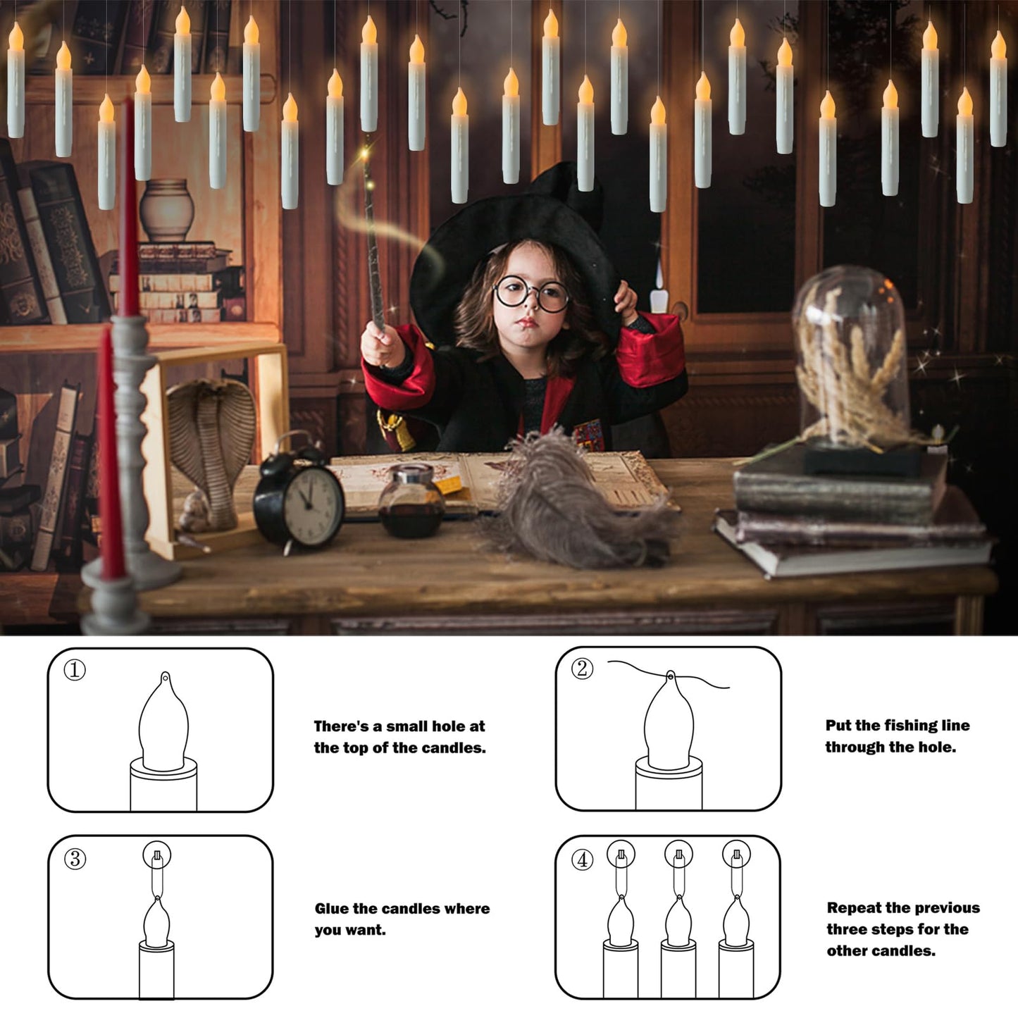 MUMCHASI 12 Packs Flameless Floating Candles with Wand, Flameless Taper Candles, Battery Operated Candles, Flickering LED Candlesticks with Remote for Fall Halloween Party Decor Birthday