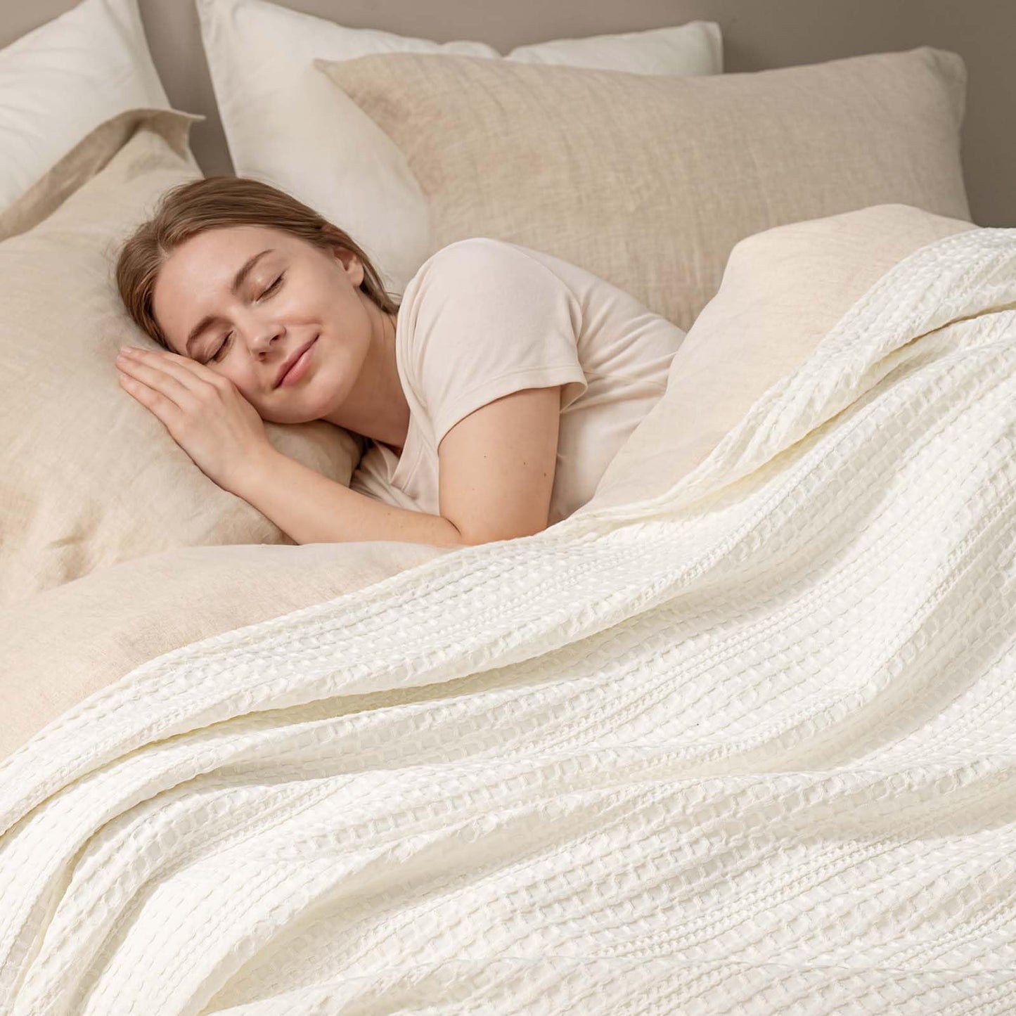 PHF Lightweight Waffle Weave Throw Blanket 50"x 60", Soft Woven Summer Blanket for Hot Sleepers - Aesthetic Home Decor for Couch Bed Sofa, Pet Friendly, Cream
