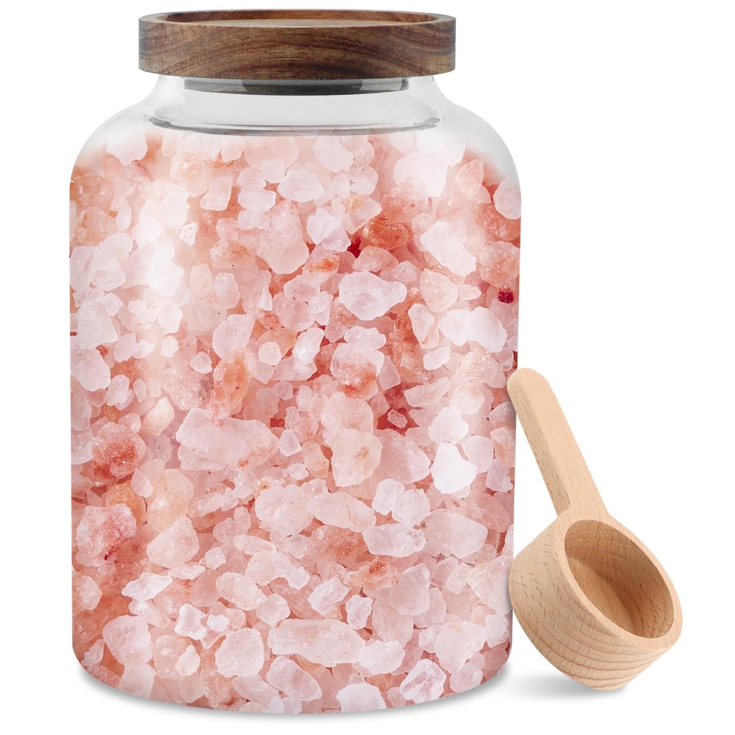 Meluvora Bath Salts Glass Jar, Bath Salt Container with Wooden Lid and Scoop, Glass Food Storage Jars for Home Decor,Tea,Spice,Cereal, Egg,Flour,Coffee(73 oz,Clear)
