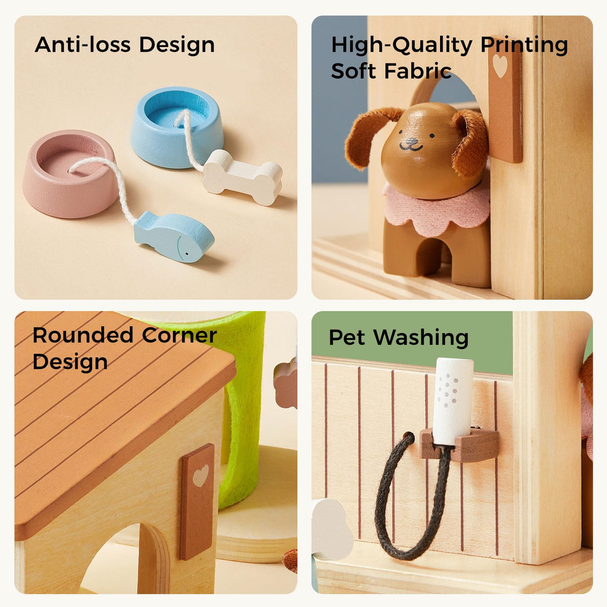 Tiny Land Wooden Dollhouse Animal Set for Toddlers, Dollhouse Accessories & Dolls House Furniture Sets for Toddlers, Montessori Pretend Play Family Pets Set Toys, Gift for Kids Age 3+