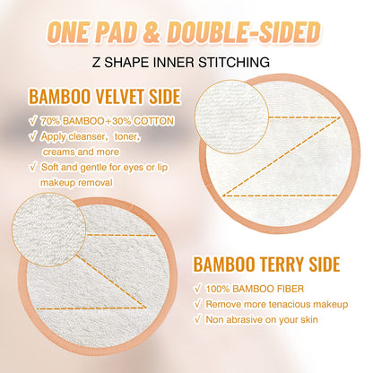 Veemos Reusable Cotton Rounds,14 Pieces Dual Sided Makeup Remover Pads with Washable Laundry Bag & Storage Box,Eco Friendly Bamboo Cotton Pads (Beige)