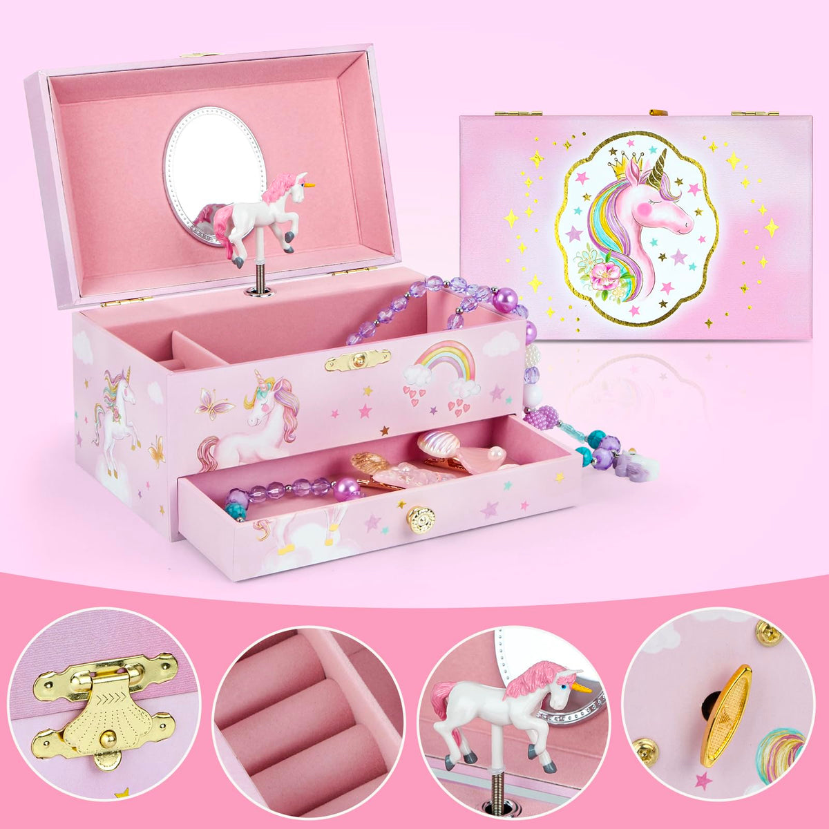 hombrima Music Jewellery Box with Drawer Necklace Bracelet, Musical Jewelry Storage Case with Spinning Ballerina Gift Set for Kids Girls Children Daughter (Pink Horse)