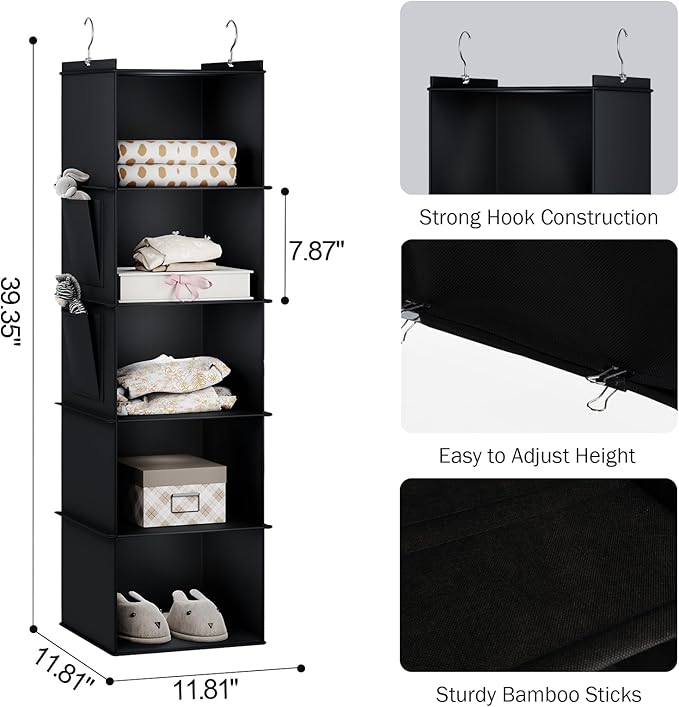 YOUDENOVA Hanging Closet Organizer, 5-Shelf Closet Hanging Storage Shelves