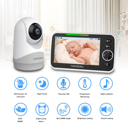 HelloBaby Monitor with Camera and Audio, 5'' Large Screen with 3500mAh Battery, Remote Pan-Tilt-Zoom Camera, Two-Way Talk, ECO-Mode, Auto-Night Vision, Range up to 960ft and No WiFi