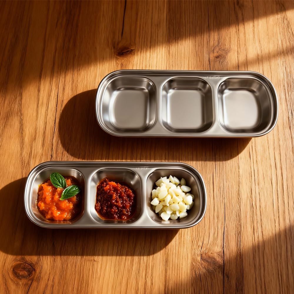 JBESUHI 6 Pcs Stainless Steel Soy Sauce Dish - Korean 3 Compartment Dip Bowls, Silver Divided Sauce Plate Seasoning Tray for BBQ, Vinegar, Spice, Salt, Sugar, Home & Restaurant (Silver)