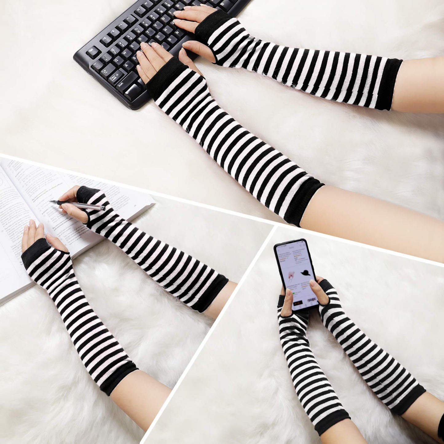 Bienvenu Punk Gothic Rock Long Arm Warmers Fingerless Gloves, Black White