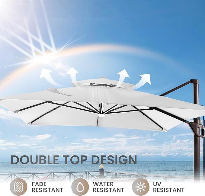 10 X 13 FT Cantilever Patio Umbrella with LED Lights Outdoor Heavy Duty Double Top Windproof Rectangle Offset Umbrellas with 360-degree Rotation for Pool Deck Backyard, Foggy Grey