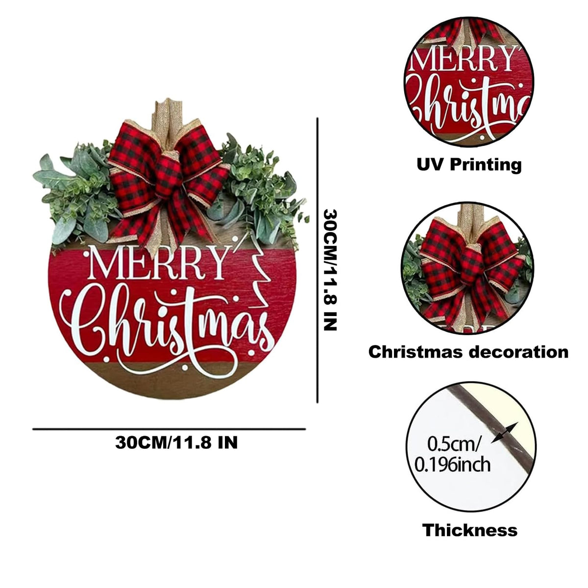 Merry Christmas Door Hanger Sign for Front, Chrismas Welcome Wooden Wreaths Sign with Bow for Winter Farmhouse Garden Porch Decorations (Christmas Door Sign)