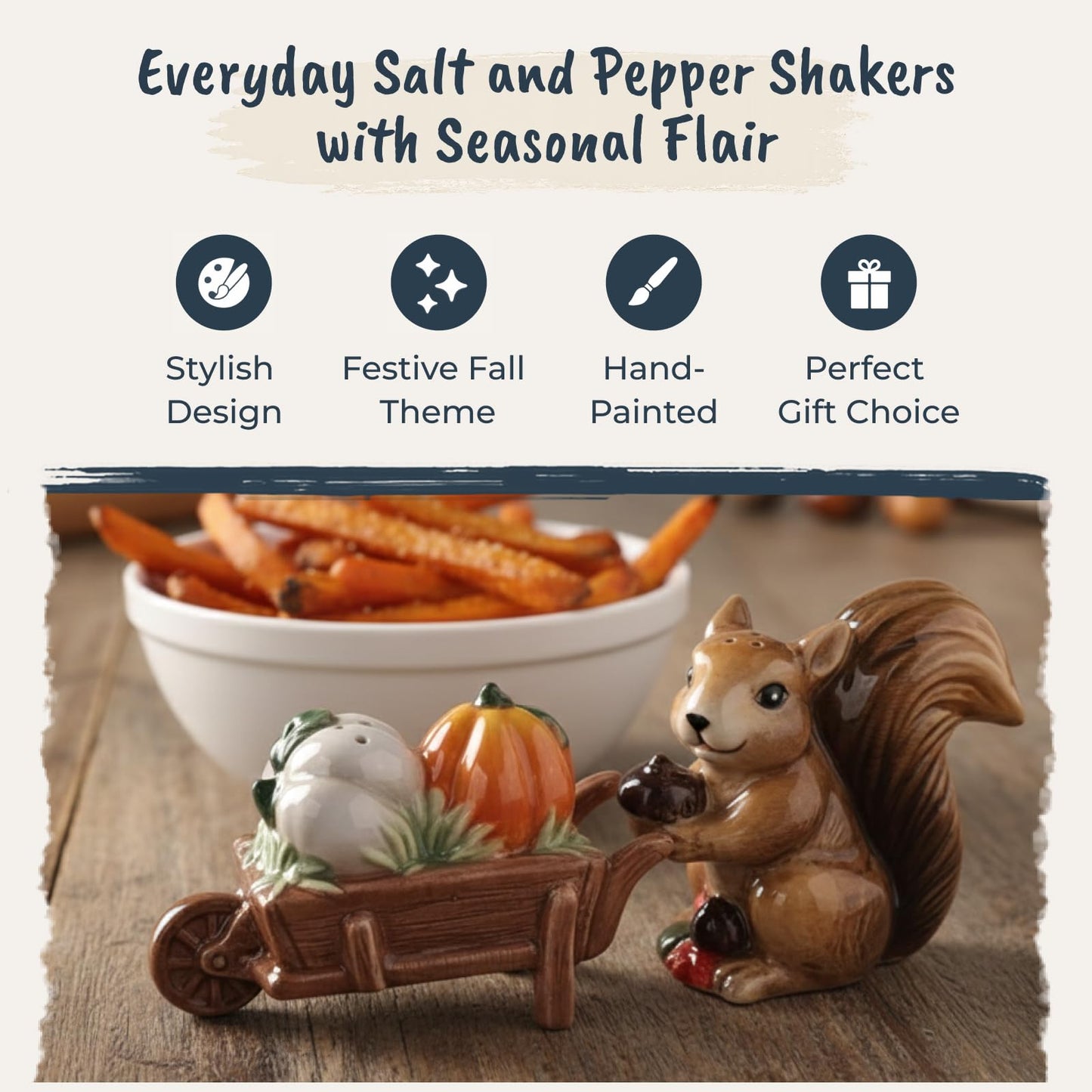 Blue Sky Clayworks Harvest Squirrel & Pumpkin Salt & Pepper Shaker Set, Ceramic, 6" L x 1.75" W x 2.5" H, Woodland Wheelbarrow Scene