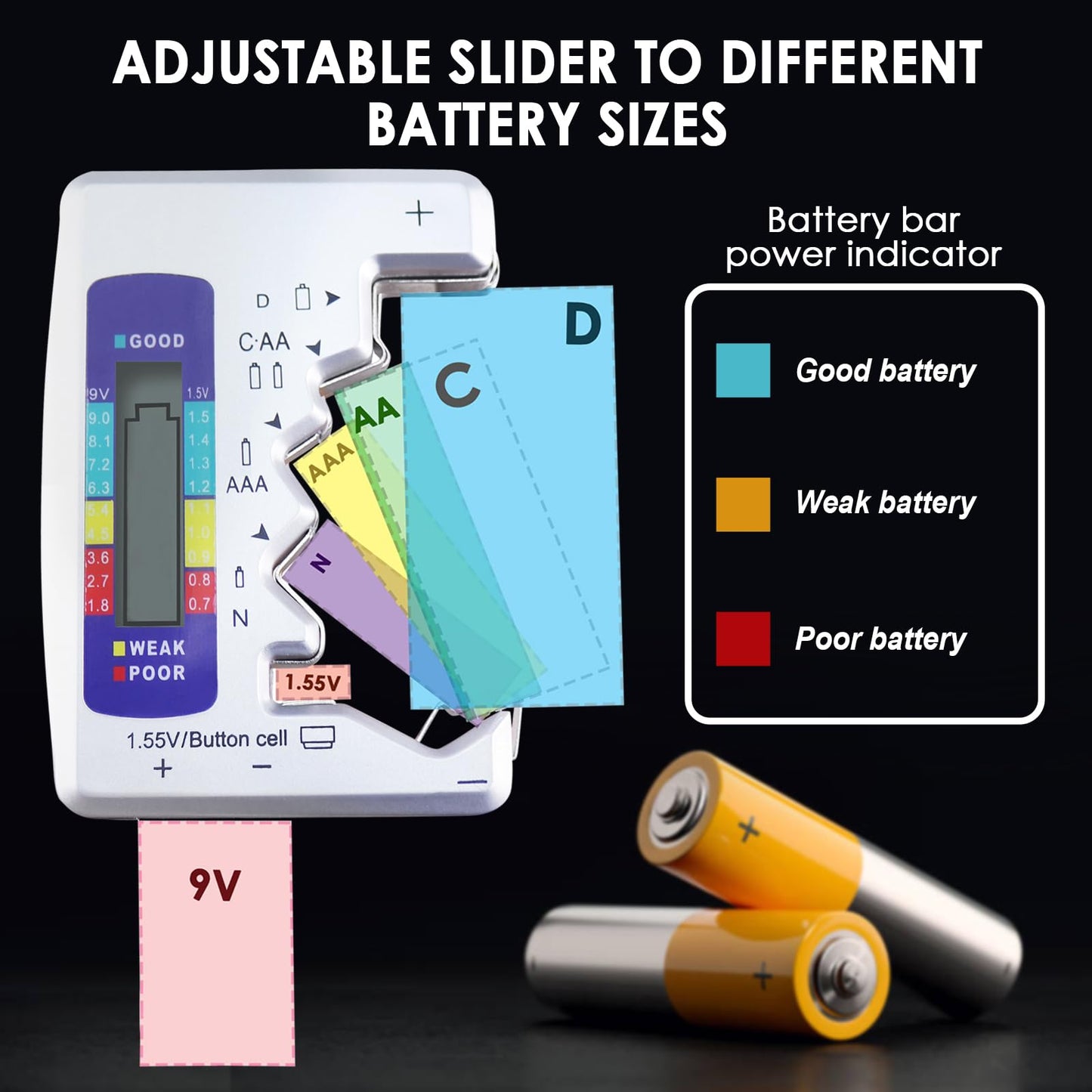 Battery Tester Universal Battery Checker with LCD Display Digital Multi Purpose Small Battery Checker for All Battery C AA AAA D N 9V 6F22 1.5V Button Cell Batteries