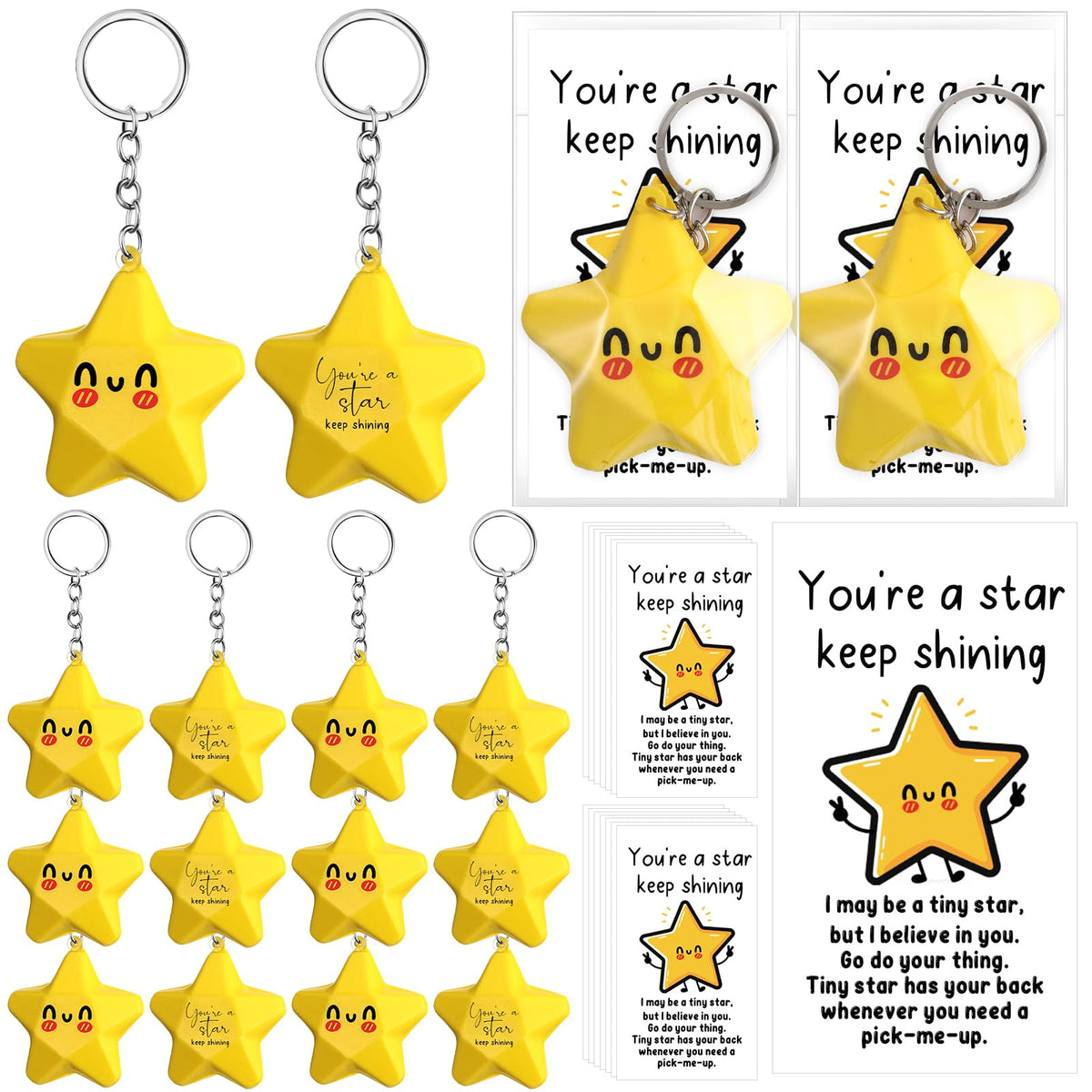Wavwavw 36 Set Inspirational Gifts Star Keychain with You Are a Star Card Office Thank You Gift for Team Employee Coworkers (Yellow)