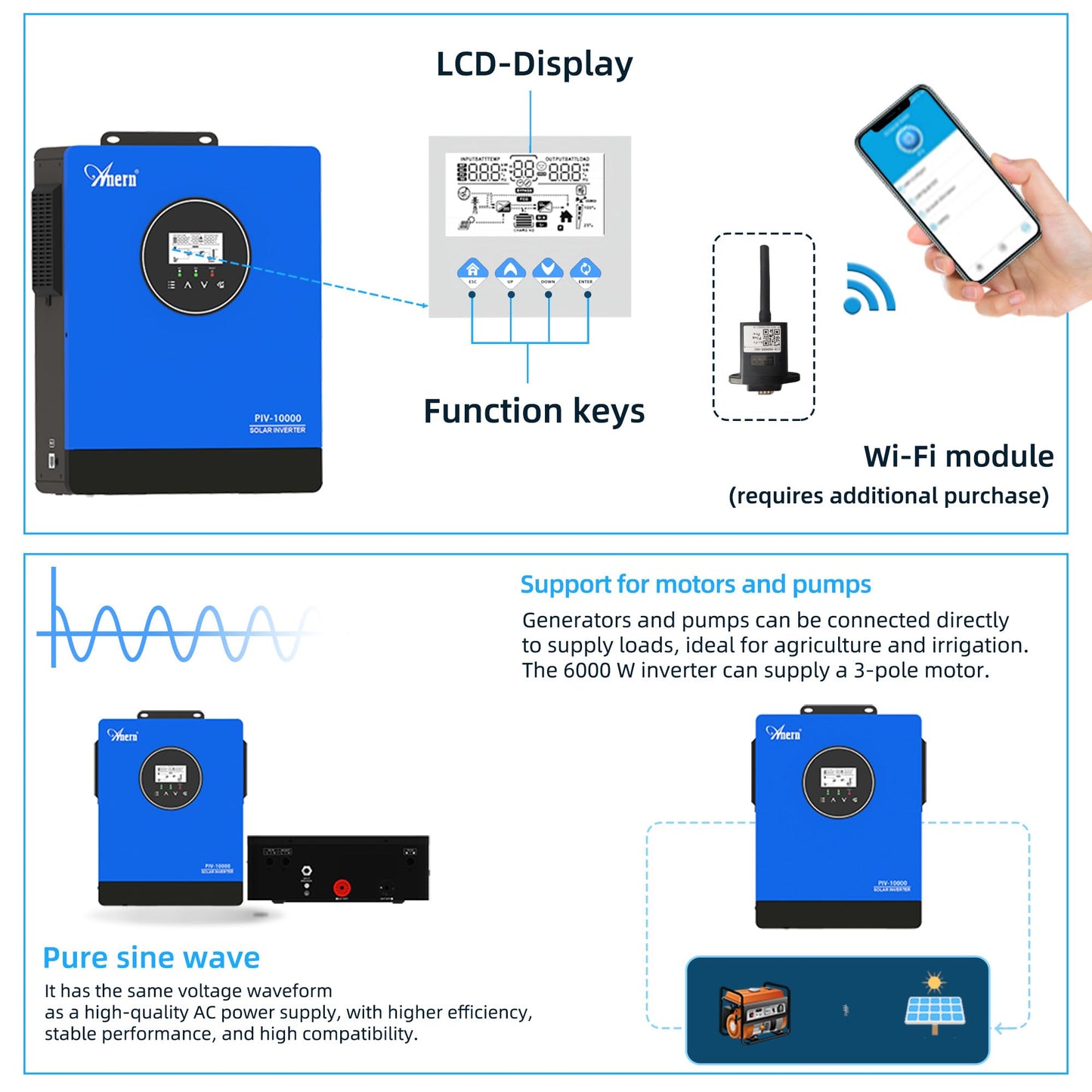 Anern 10KW Solar Inverter AC230V, Off-Grid Pure Sine Wave Inverter with 3 MPPT Solar Charger 13500W Solar Input & Battery-Free Design, Compatible with Water Pump, Generator & Home Appliances