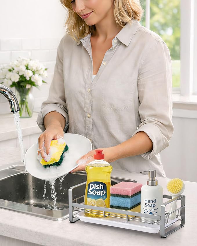 HULISEN Large Sponge Holder, 304 Stainless Steel Kitchen Soap Dispenser Caddy