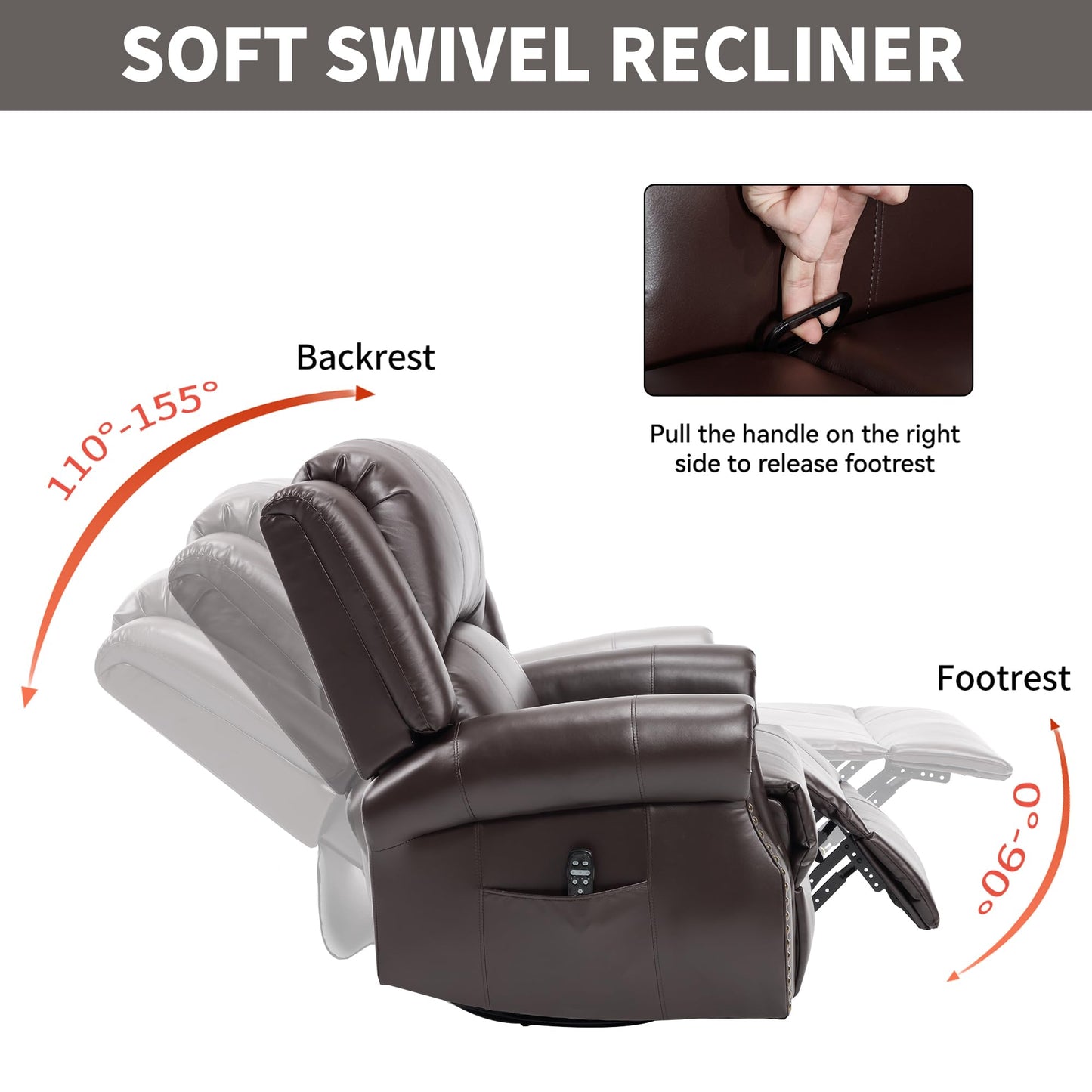KEIKI Faux Leather Heat Massage Manual Recliner Chair with Square Arms and Cushion Back, for Elderly, Modern Style Oversized Swivel Reclining Sofa Chairs, Easy Assembly, for Living Room, Brown