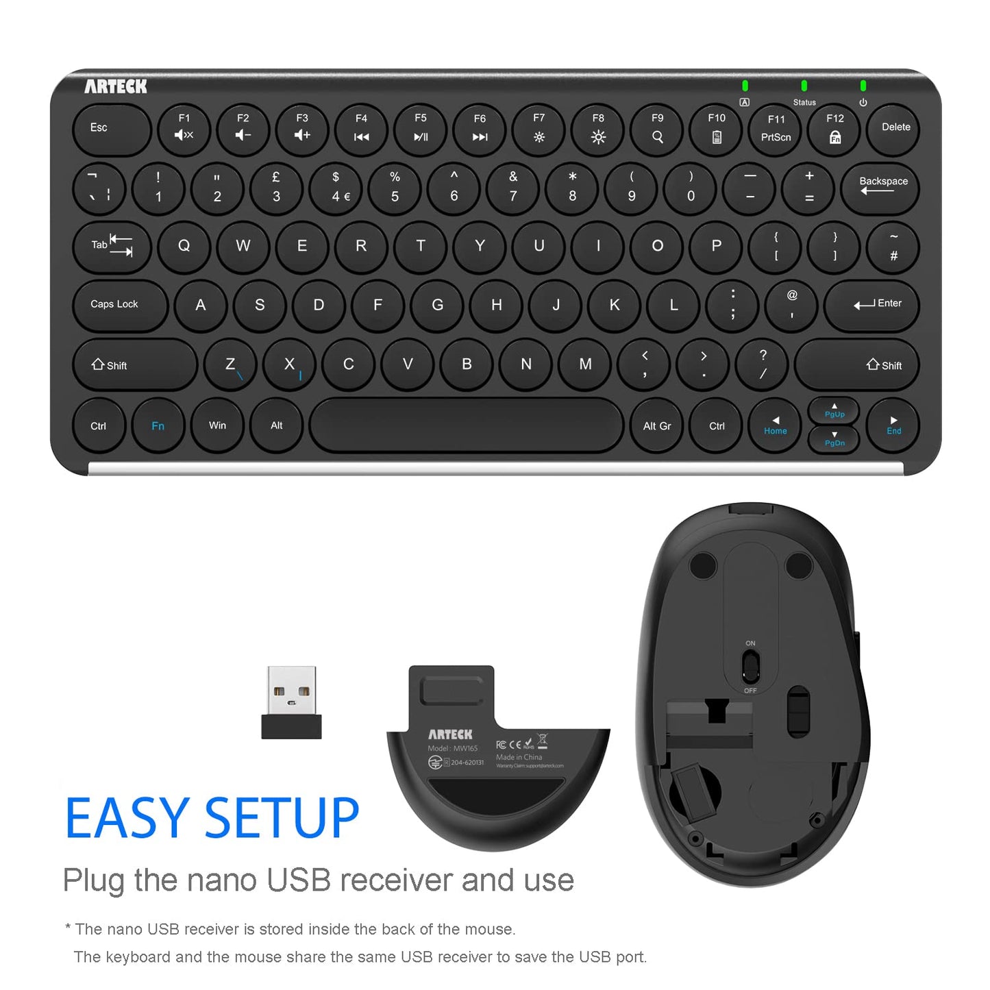 Arteck 2.4G Wireless Keyboard and Mouse Combo Ultra Compact Slim Stainless Full Size Keyboard and Ergonomic Mouse for Computer/Desktop/PC/Laptop and Windows 11/10/8 Build in Rechargeable Battery