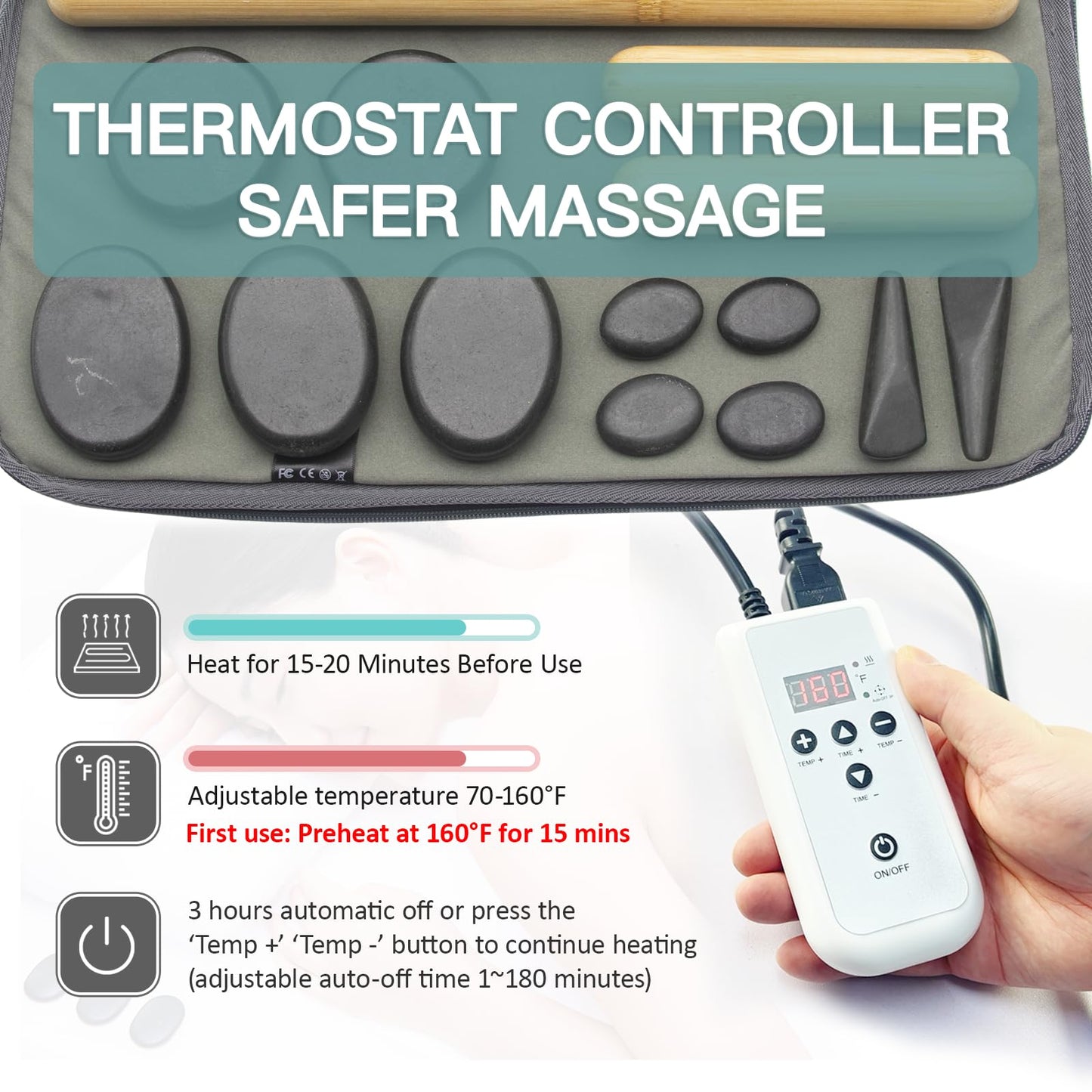 Goodtar Massage Stones Set with Warmer Kit Hot Rocks Bamboo for Massage Hot Stones Massage Warmer Kit with Temperature Control and Carry Bag for Home Use (11 Stones and 3 Sticks) Suitable for Gifting