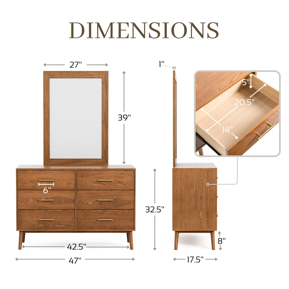 Furniture of America Wyatt Modern Solid Wood Bedroom Collection with Queen Bed Frame, Nightstands, Dresser with Mirror, No Box Spring Needed, Walnut, Standard Low Profile, 5-Piece Set