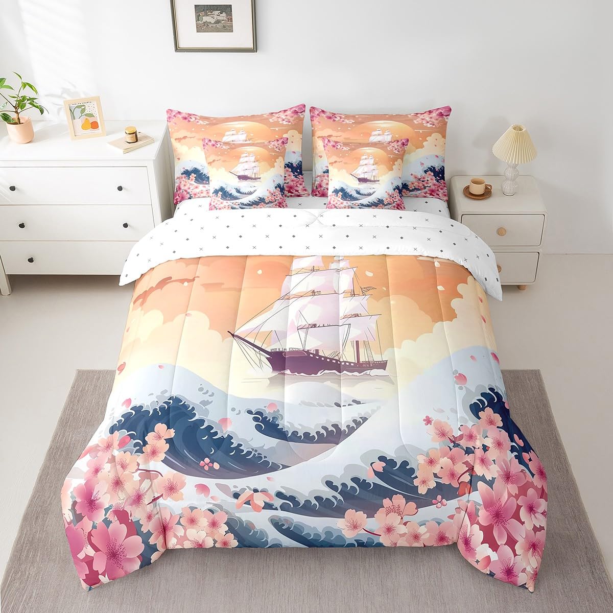 Erosebridal Japanese Ocean Waves Queen Bedding Set,Nautical Sailboat Comforter Set 7 Piece,Pink Cherry Blossom Bed in a Bag Sailing Boat Pirate Bed Set with Fitted Sheet,Flat Sheet,Pillowcases