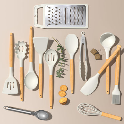 Umite Chef Silicone Kitchen Utensil Set, 34PCS Heat Resistant Kitchen Gadgets and Tools With Grater, Cream White Wood Handles for Nonstick Cookware