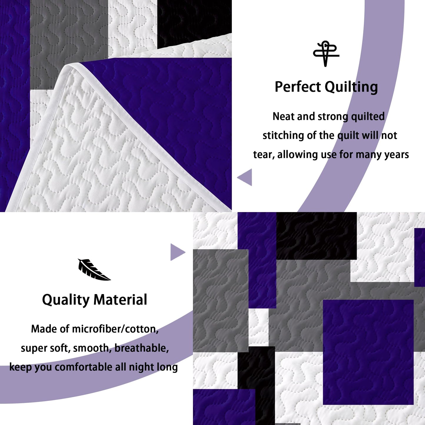 Tyrot 3 Piece Dark Purple Grey Quilt Set Full/Queen Size Black White Geometric Reversible Bedding Set Microfiber Lightweight Bedspread Coverlet with 2 Shams Modern Bed Covers for All Season, 90''x96''