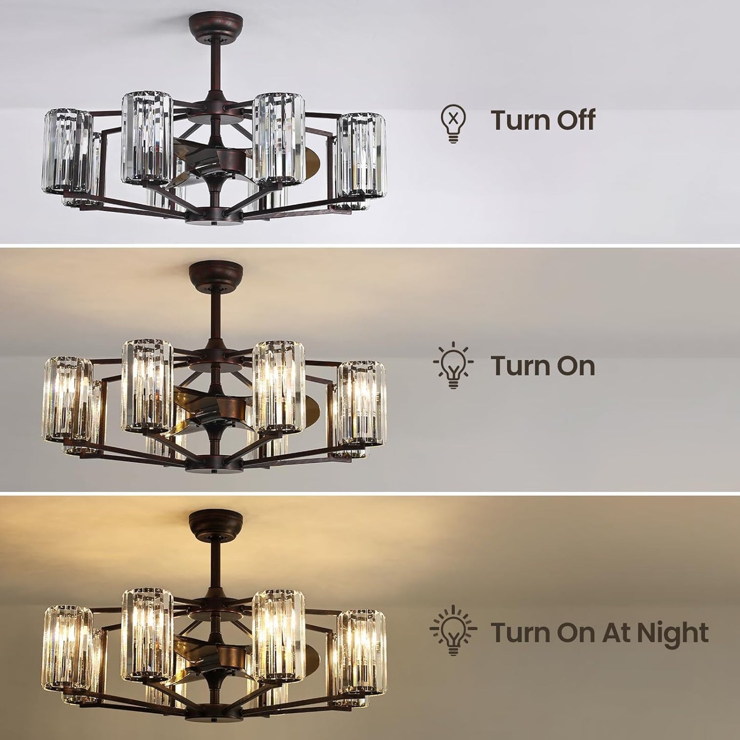 MOOONICHE 34" Crystal Chandelier Ceiling Fan 8 Lights Vintage Flush Mounted Fandelier Reddish Brown Invisible Blades Ceiling Fan for Bedroom Dining Room Living Room Kitchen Farmhouse Entry