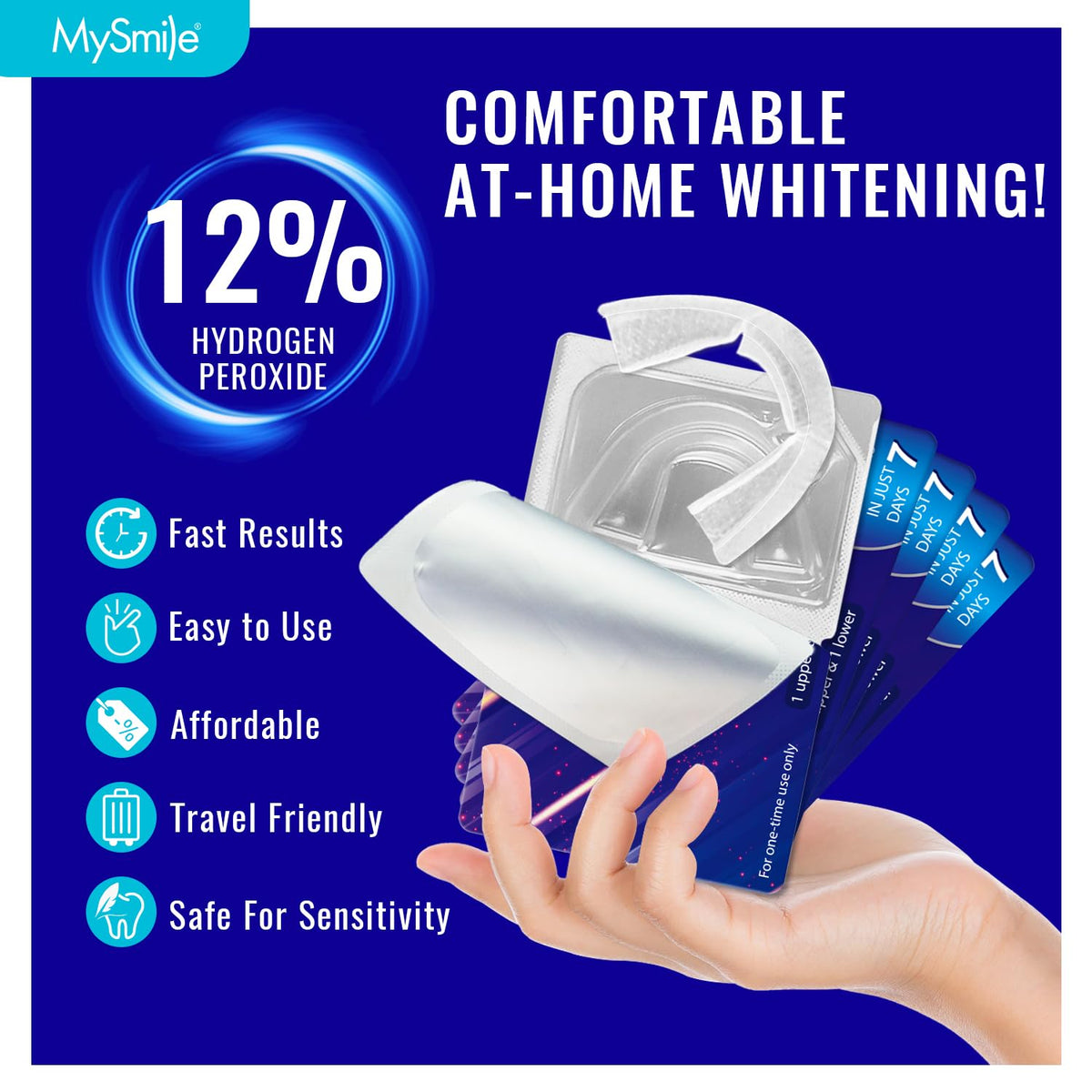 MySmile 7 Treatments Prefilled Teeth Whitening Trays Kit with 12% Hydrogen Peroxide Whiter Gel for Sensitive Tooth, Fast-Result Vegan Teeth Whitener Tooth Stain Remover, Mint Flavor