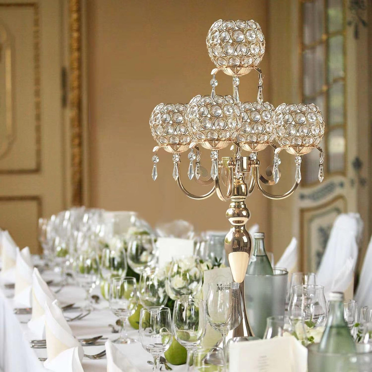 Kehail 5 Arm Gold Candle Holder 22.5 Inch Tall Crystal with Pendant, Romantic Home Decor Elegant Candlestick Holder for Dates Wedding Receptions Holiday Party Important Events