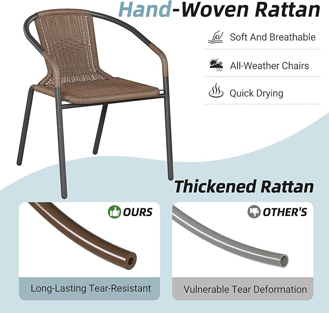 Amopatio Outdoor Dining Chairs Set of 6, Rattan Wicker Patio Chairs, Stackable Indoor-Outdoor Chairs, Bistro, Deck, Yard, Porch, 6 Pack, Brown
