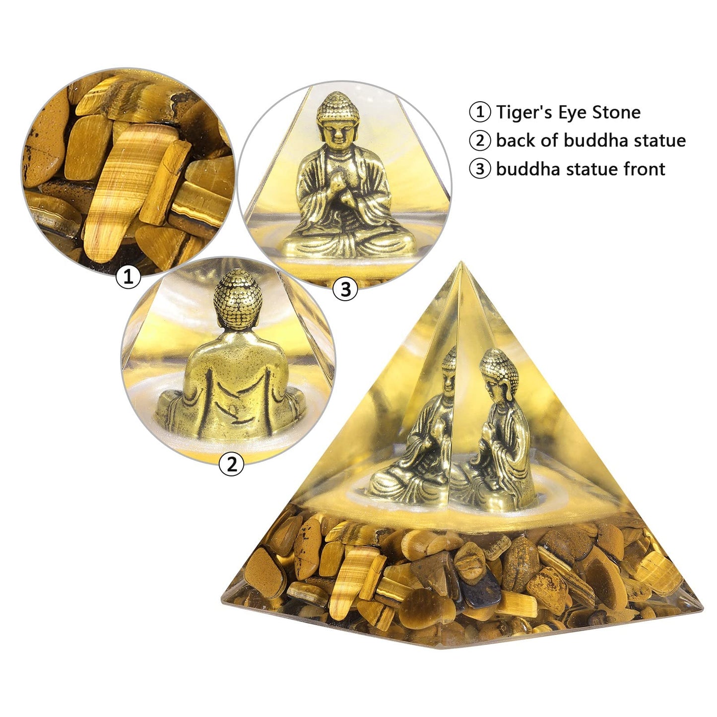 mookaitedecor Brass Buddha Statue Crystal Orgone Pyramid with Tiger's Eye Chip Stones, Orgonite Energy Generator for Healing Yoga Meditation Feng Shui Decor