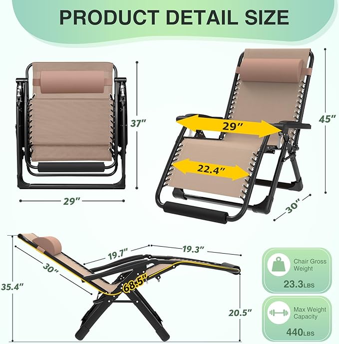 Suteck Oversized Zero Gravity Chair,29In XL Lounge Chair w/Removable Cushion&Headrest, Reclining Camping Chair w/Upgraded Lock and Footrest, Reclining Patio Chairs Recliner for Indoor Outdoor