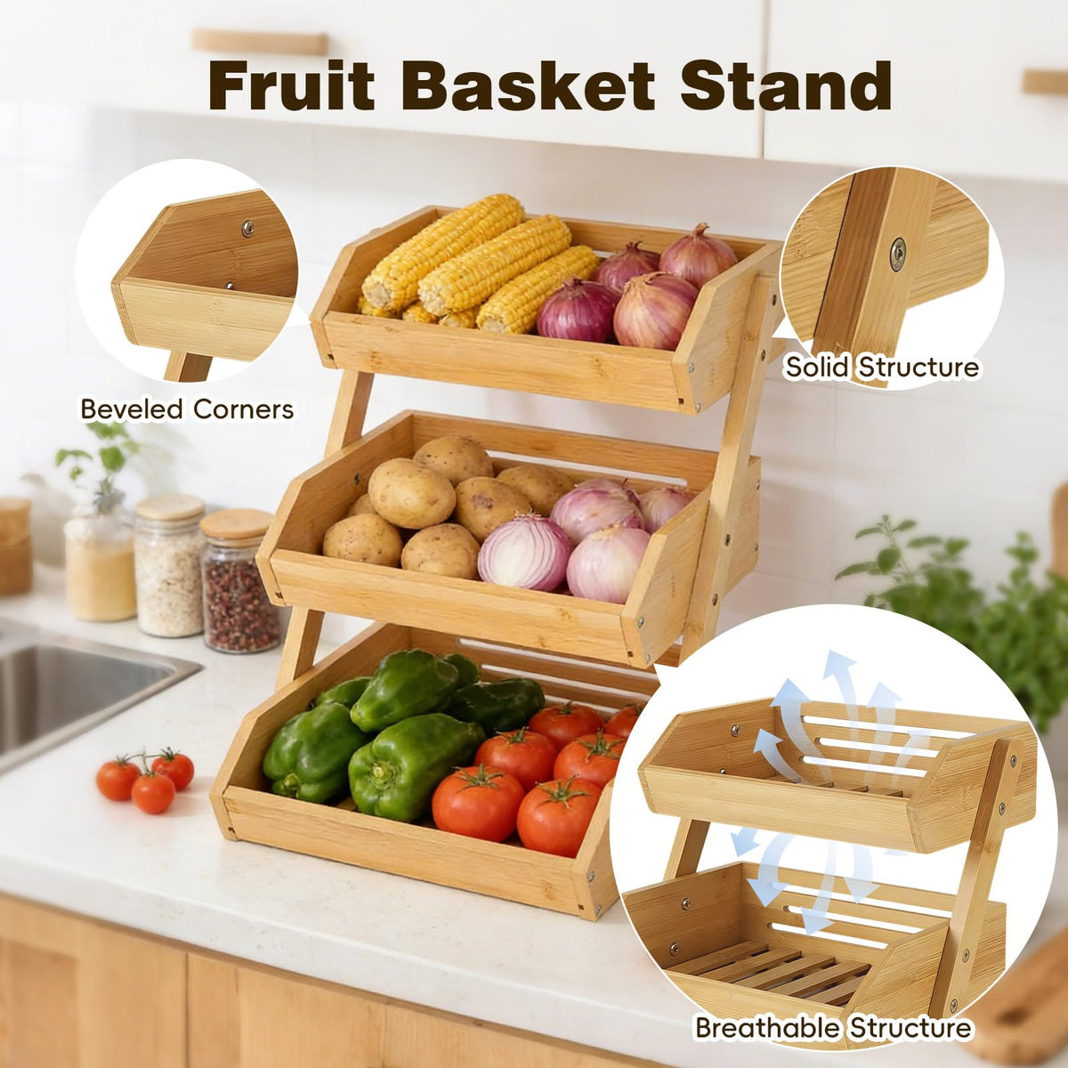 SYEIIYU 2 Tier Fruit Basket For Kitchen, Bamboo Vegetable Storage Bowl Stand with Banana Hanger Hooks, Produce Storage Wooden Basket, Snack Organizer for Countertop, Kitchen Counter Storage