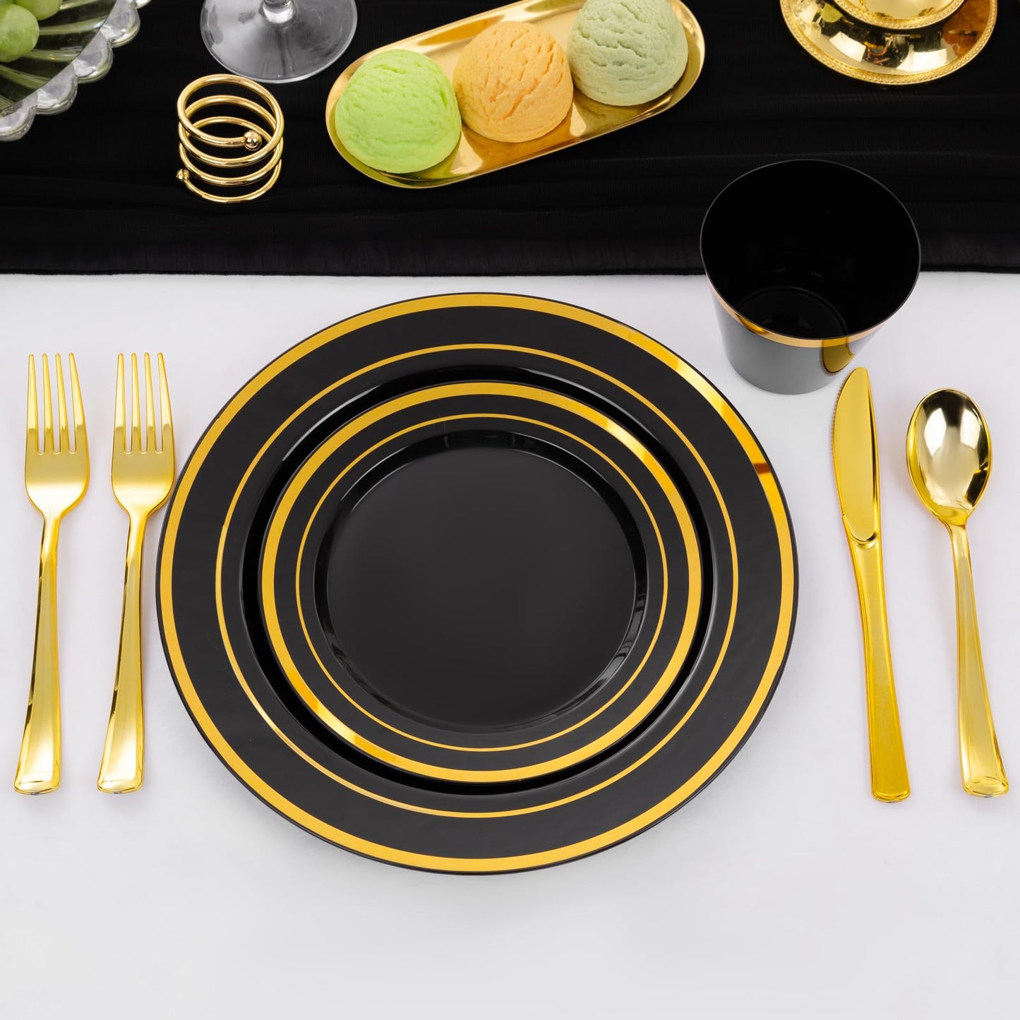WELLIFE 150 PCS Black and Gold Disposable Dinnerware Set, Plastic Plates for Party, Including 25 Dinner Salad Plates, Cups, Forks Knives Spoons for Halloween and Party Supplies