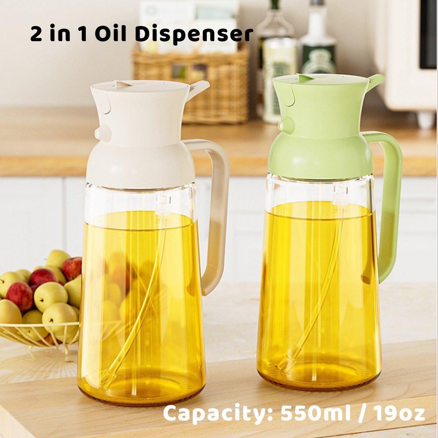Oil Sprayer for Cooking, Big Capacity 550ml/19oz Oil Sprayer and Oil Pourer for Kitchen, Glass Olive Oil Dispenser Bottle for Cooking, Salad, Barbecue, Air Fryer