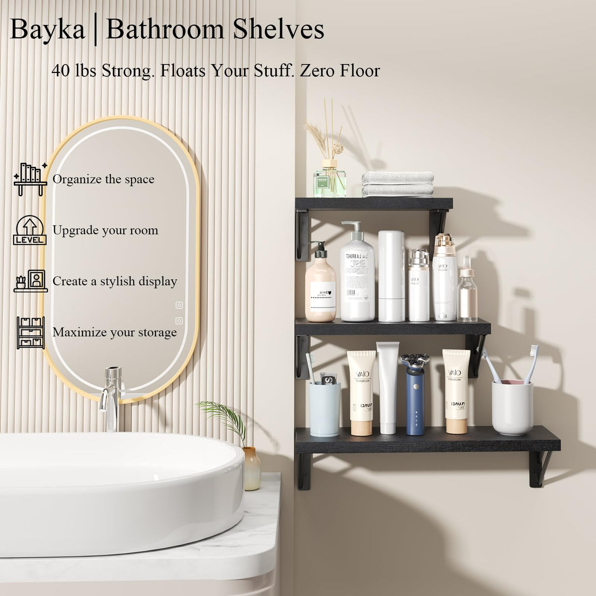 BAYKA Wall Mounted Floating Bathroom Shelves, Wood Wall Shelf for Bathroom Essentials & Decor, Space-Saving Display & Organizer (Black, Set of 4)