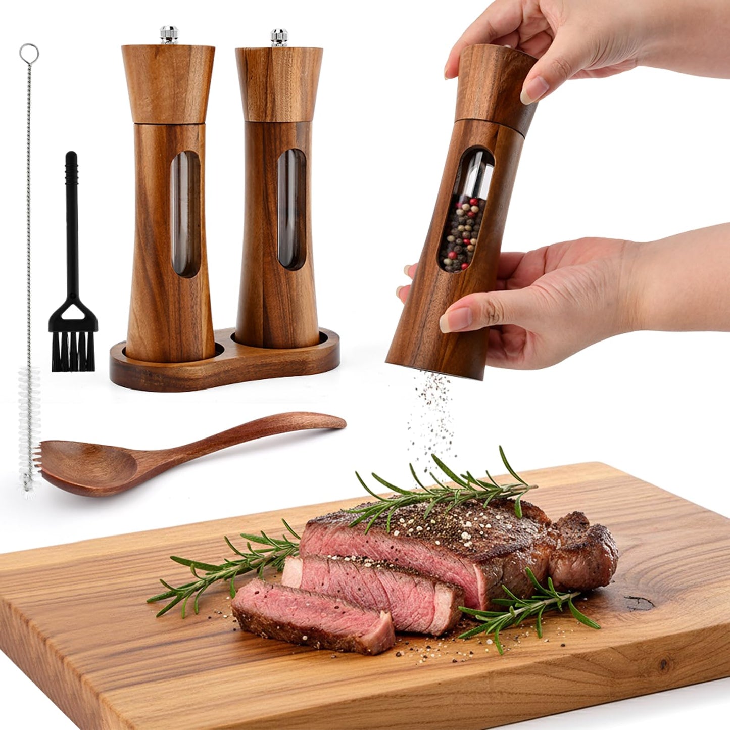 2Pack Wooden Salt and Pepper Grinder Set, 8-Inch Refillable Manual Salt and Pepper Mills with Clear View Window, Wood Shakers with Ceramic Grinder & Wooden Stand, Adjustable Coarseness