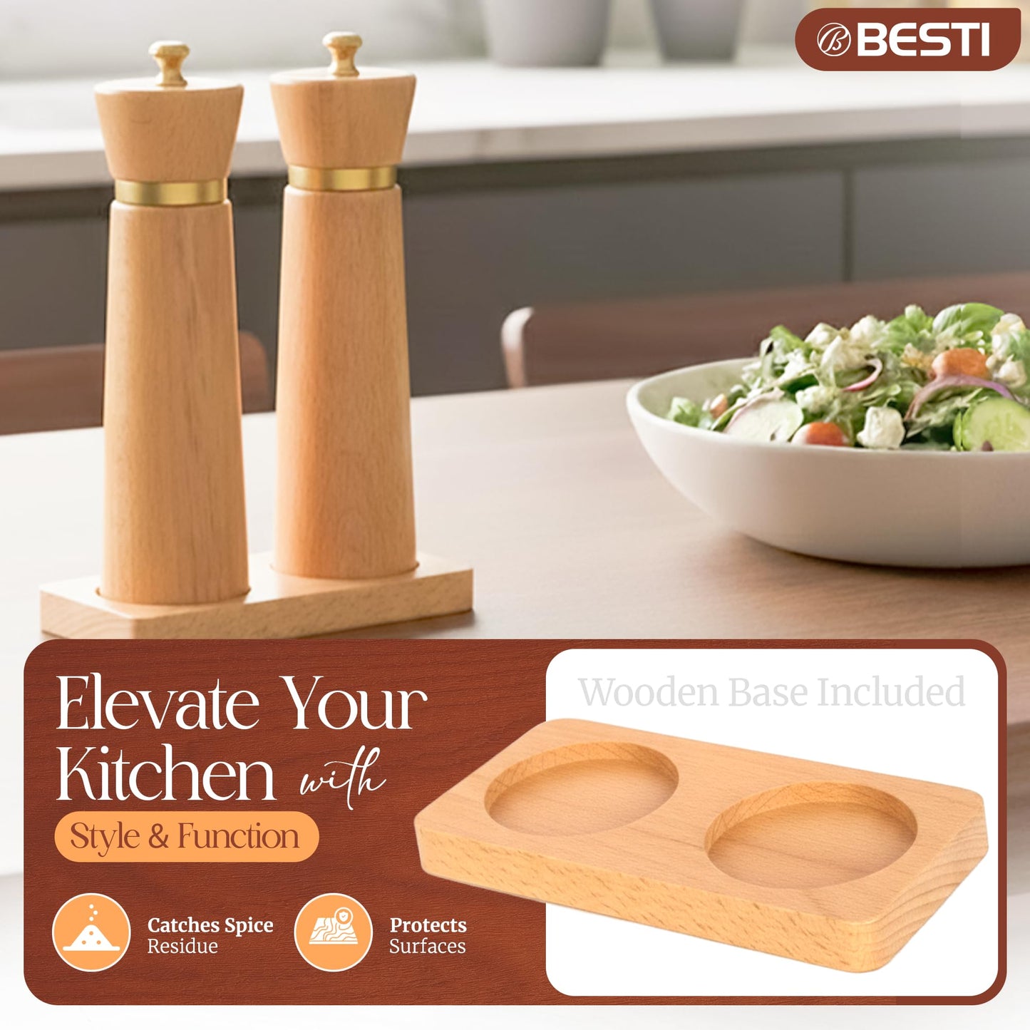 Besti Wooden Salt and Pepper Grinder Set with Tray - Striped Acacia Refillable Grinders for Salt, Pepper, Seasonings, Reusable Pepper & Salt Mill - Kitchen & Dining Table (7" Beech)